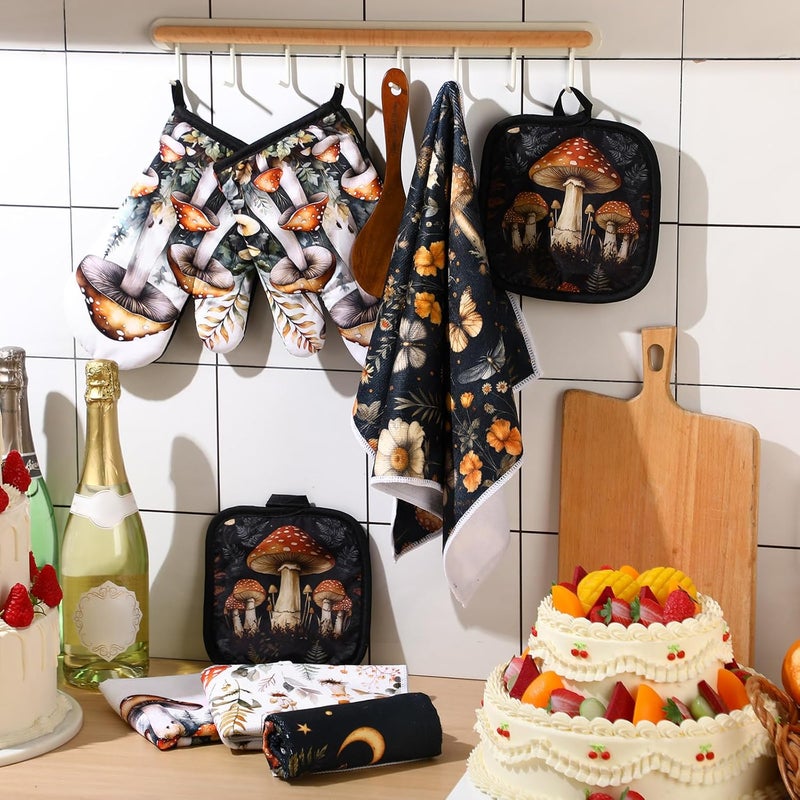 Mysora 10 Pcs Mushrooms Kitchen Gift 4 Dish Towels Tea Towels 2 Oven Mitts 2 Pot Holders Gothic 2 Mats Kitchen Accessories for Cooking Baking - Image 5